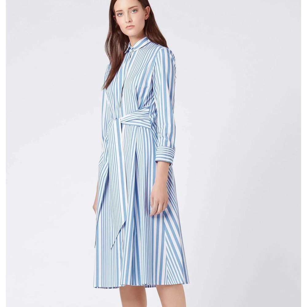 Hugo Boss Blue White Striped Shirt Midi Dress Tie Waist Cotton Preppy Size 10